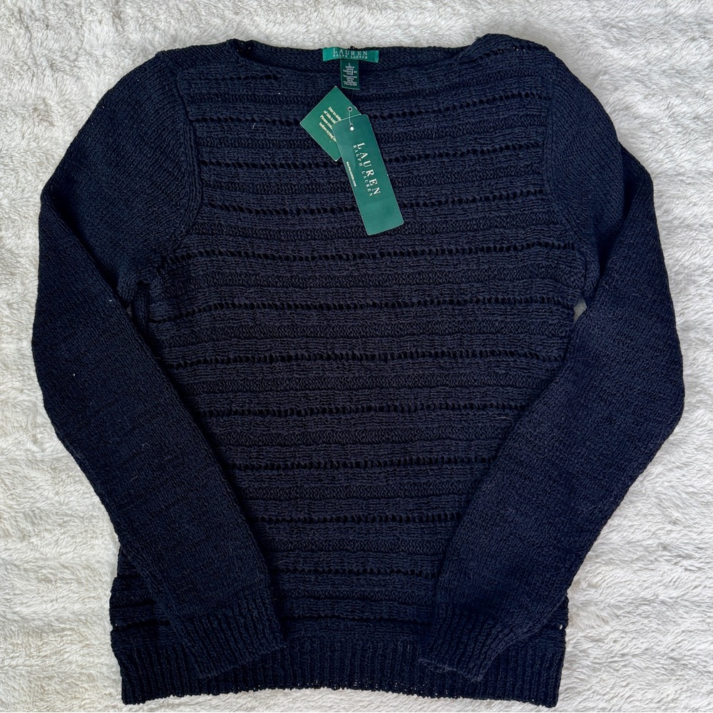 NWT Lauren Ralph Lauren Black Open Knit Sweater Size Large